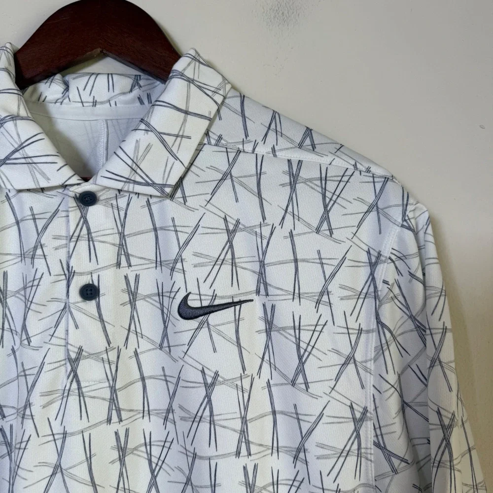 Nike Dri-FIT Geometric Crosshatch Print Golf‎ Polo Shirt Size Large White Gray
